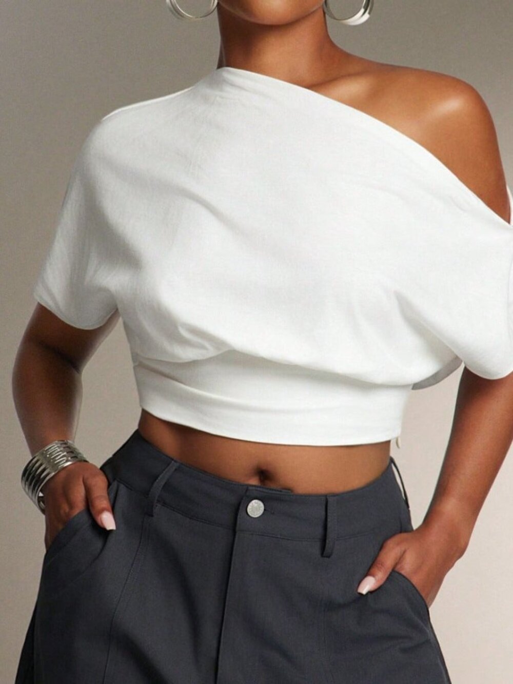 White Casual Women's Cinched Waist Off Shoulder Top Tops Tshirt